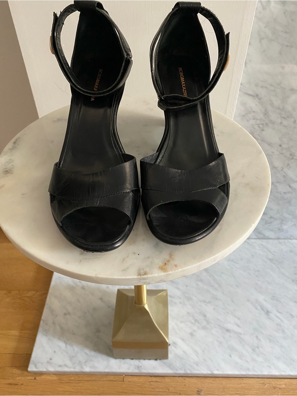 BCBGMaxAzria Black Leather Open-Toe Ankle Strap Heels